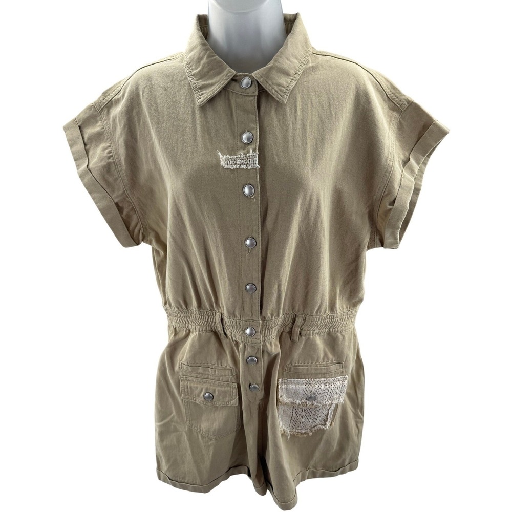 POL Tan Cotton Utility Romper Distressed Lace Button Front FWP122 Large‎ Womens